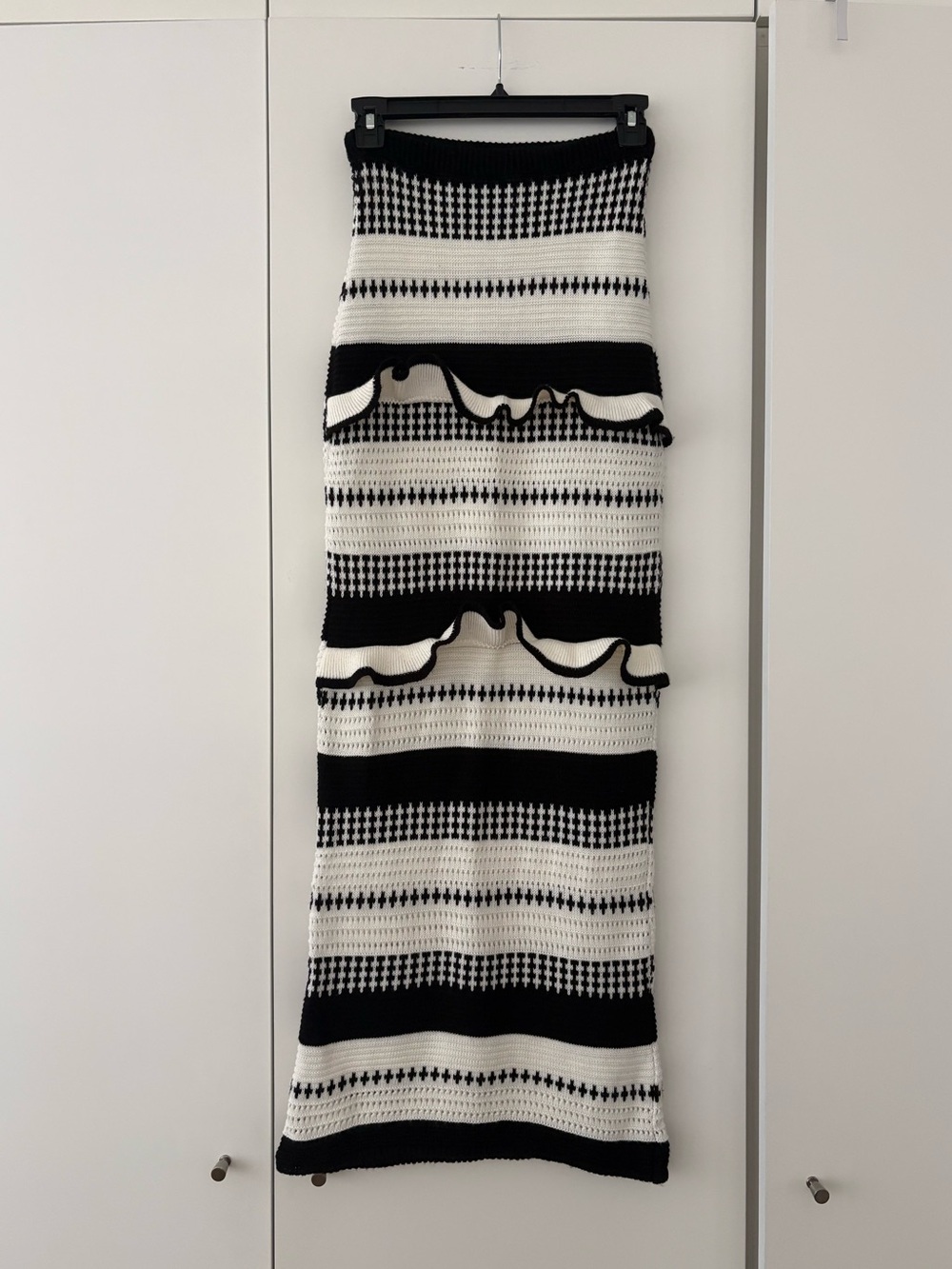 PrettyLittleThing Black & White Striped Knit Maxi Skirt with Ruffle Bands